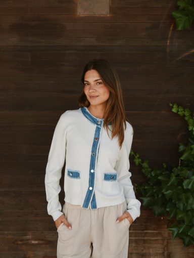 Neo Noir Zelma Knit Denim Cardigan Off White