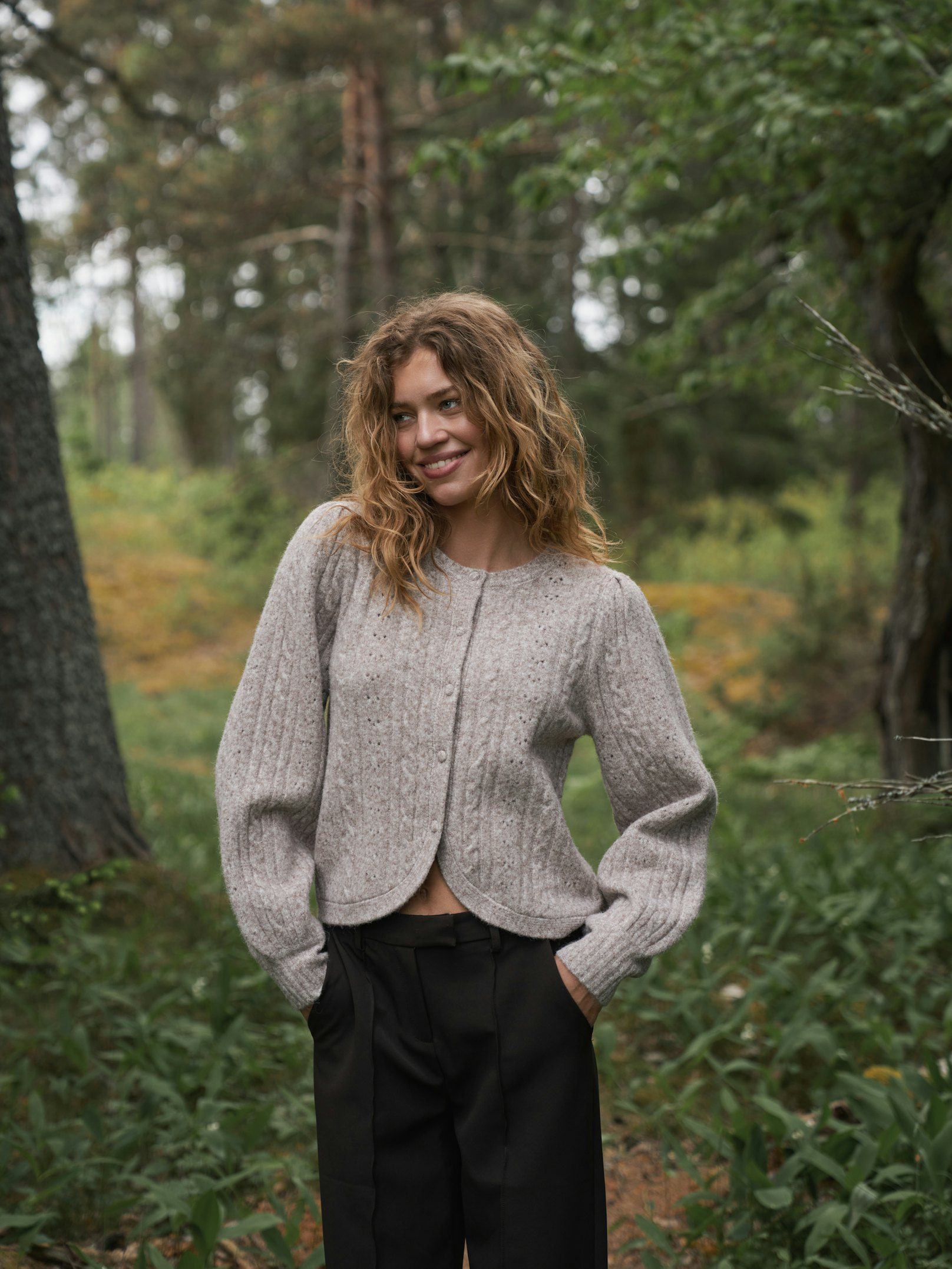 Neo Noir Koteas Cable Knit Cardigan Beige Melange
